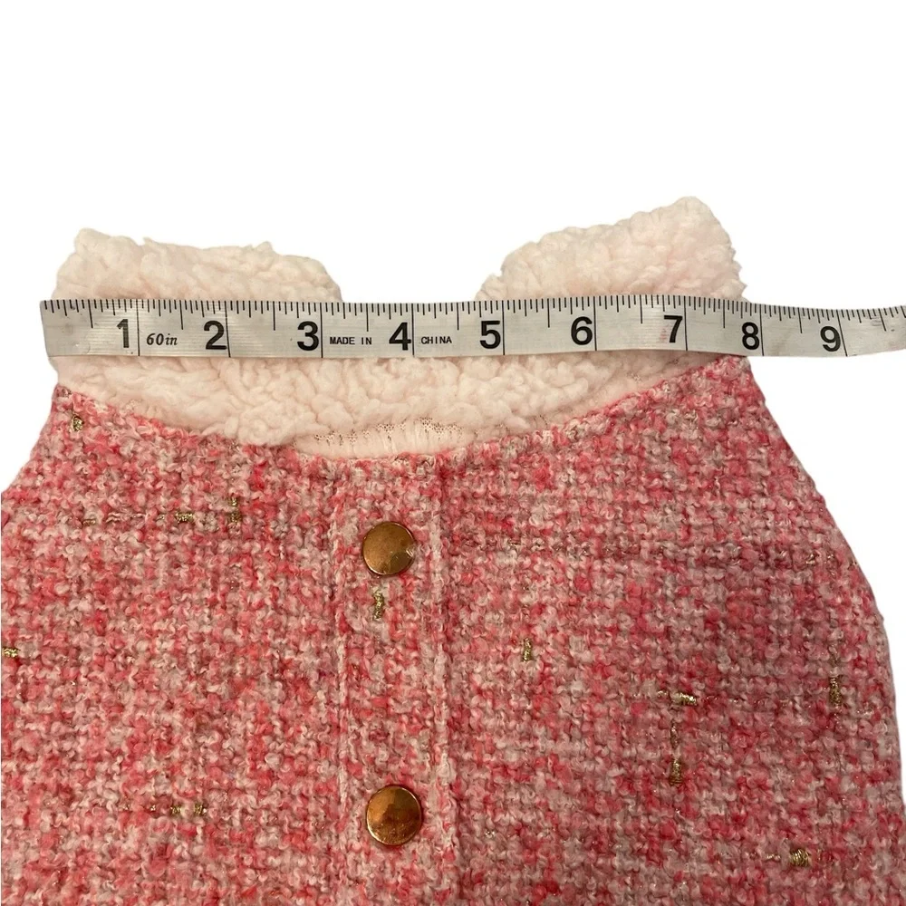Top Paw Tweed Pink and Gold Dog Coat with Bronze Buttons.